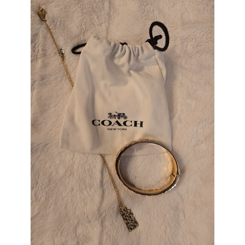 Coach Gold Tone Hinged Bangle Bracelet & Necklace W/ Swavorski Crystals